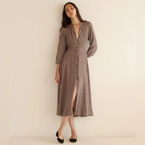 Doen Brown Checkered Long Sleeve Dress